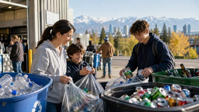 People sorting plastic bottles, aluminum cans, and glass containers at a Canadian bottle depot with mountains and a city skyline in the background.