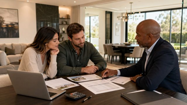 A homeowner couple reviews sale documents and financial comparisons with a real estate professional at a table in a luxury home.