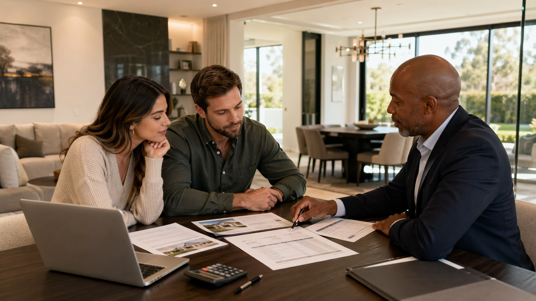 A homeowner couple reviews sale documents and financial comparisons with a real estate professional at a table in a luxury home.