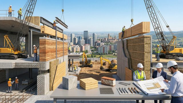 A composite visualization shows a group of engineers reviewing blueprints in the foreground, flanked by material samples. In the midground, there are two distinct, large-scale construction sites: a multi-story building with a mix of concrete and steel frames on the left, and a separate site for pre-fabricated, modular sustainable panels being lowered into place on the right. Both sites are active with workers, cranes, and machinery. A modern cityscape surrounded by rolling green hills is visible in the background under a clear blue sky.