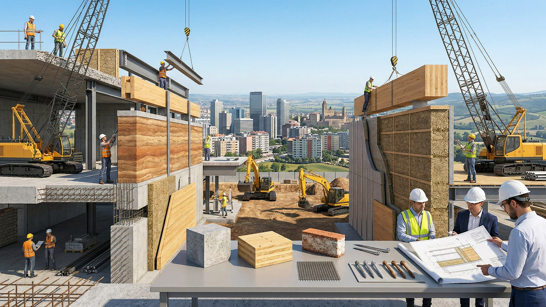 A composite visualization shows a group of engineers reviewing blueprints in the foreground, flanked by material samples. In the midground, there are two distinct, large-scale construction sites: a multi-story building with a mix of concrete and steel frames on the left, and a separate site for pre-fabricated, modular sustainable panels being lowered into place on the right. Both sites are active with workers, cranes, and machinery. A modern cityscape surrounded by rolling green hills is visible in the background under a clear blue sky.