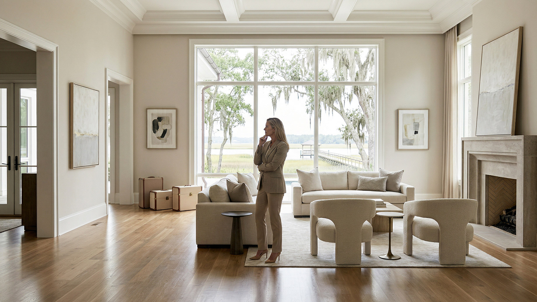 A woman stands thoughtfully in the center of a bright, luxurious living room, looking out large windows at a serene waterfront landscape with Spanish moss. Several packed suitcases rest on the hardwood floor near the entryway, symbolizing an impending move or transition.
