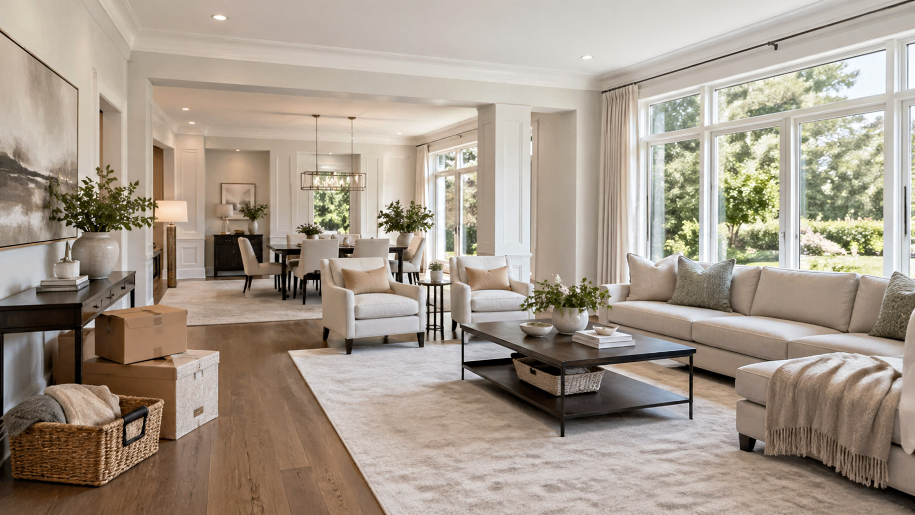 Bright luxury living room staged for sale with neutral furnishings, clean surfaces, large windows, moving boxes, and organized storage baskets.