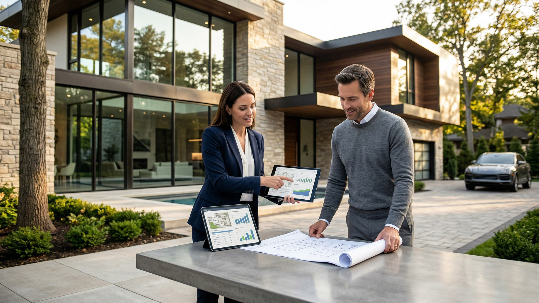 A professional woman in a suit points to charts on a tablet for a man in a gray sweater. They are outdoors by a concrete table with architectural blueprints and a second tablet propped up. The background is a large, modern luxury home with extensive glass walls, stone siding, manicured landscaping, a pool, and a silver SUV.