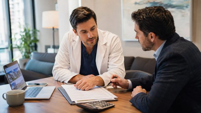 Doctor reviewing mortgage paperwork with a broker at a table, with property listings, documents, and a calculator nearby.