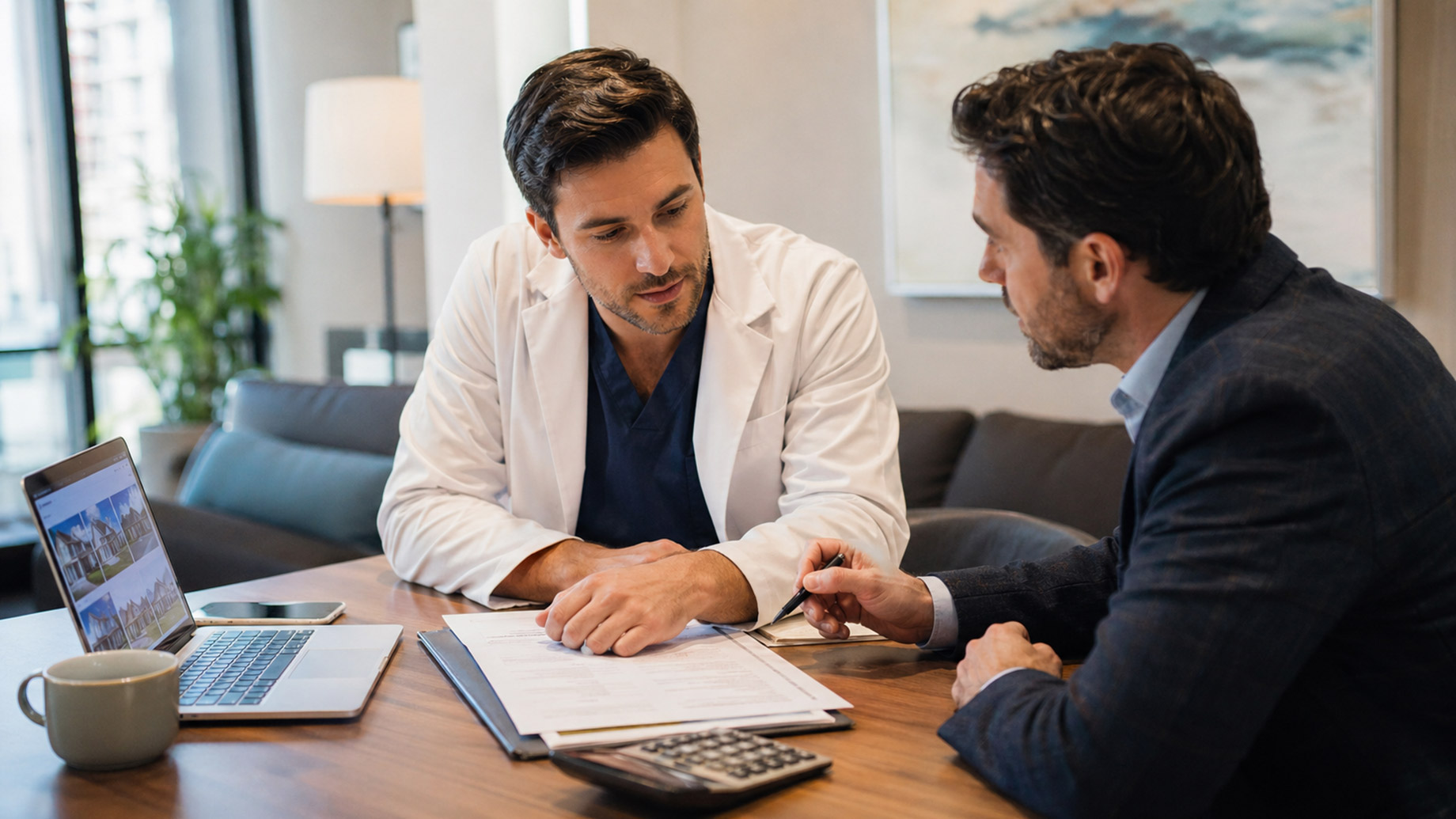 Doctor reviewing mortgage paperwork with a broker at a table, with property listings, documents, and a calculator nearby.