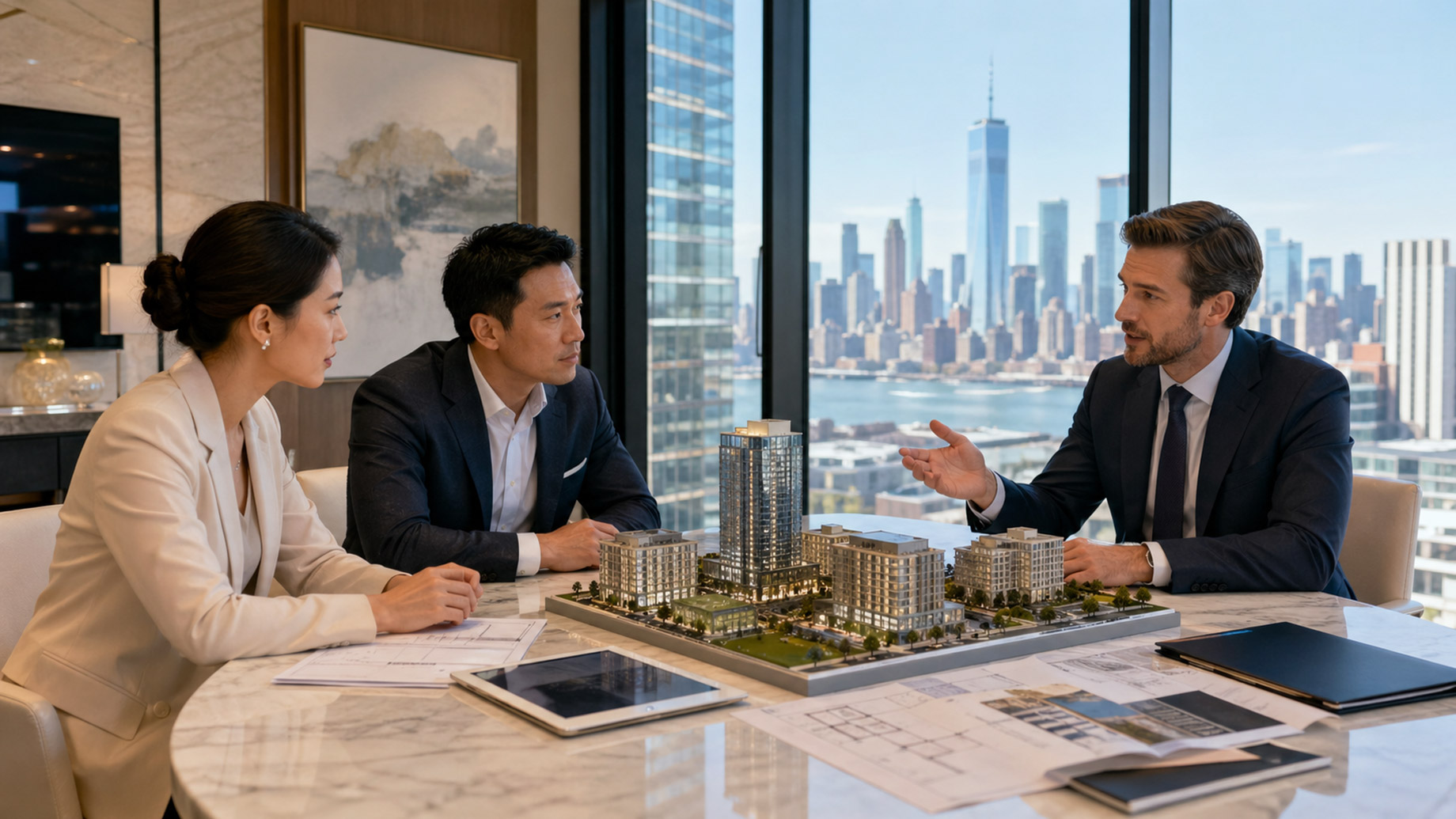 International investors and a real estate advisor reviewing a U.S. mixed-use development model in a high-rise office.