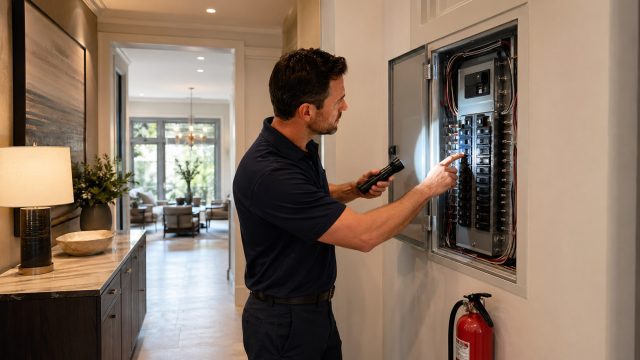 Man using a flashlight to inspect an open electrical breaker panel inside a modern luxury home.