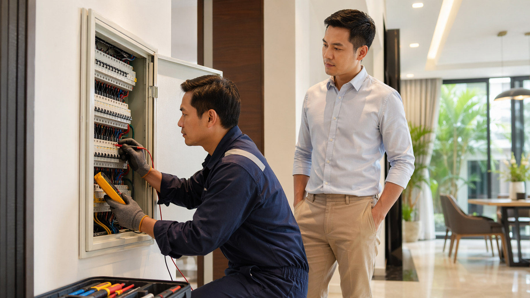 An electrician tests a residential electrical panel while a property owner observes inside a modern home.