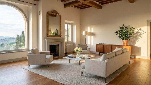 A sunlit, sophisticated living room in a Tuscan villa, featuring exposed wooden beams, two sofas, an armchair, a fireplace with a gilded mirror, and a large arched window with a view of rolling hills and cypress trees.