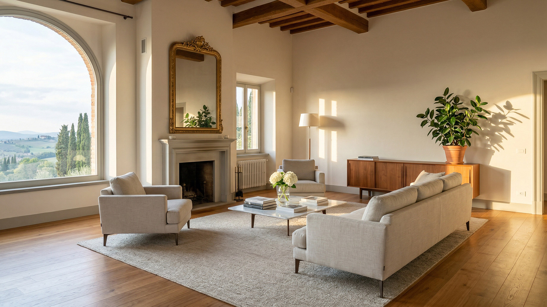A sunlit, sophisticated living room in a Tuscan villa, featuring exposed wooden beams, two sofas, an armchair, a fireplace with a gilded mirror, and a large arched window with a view of rolling hills and cypress trees.