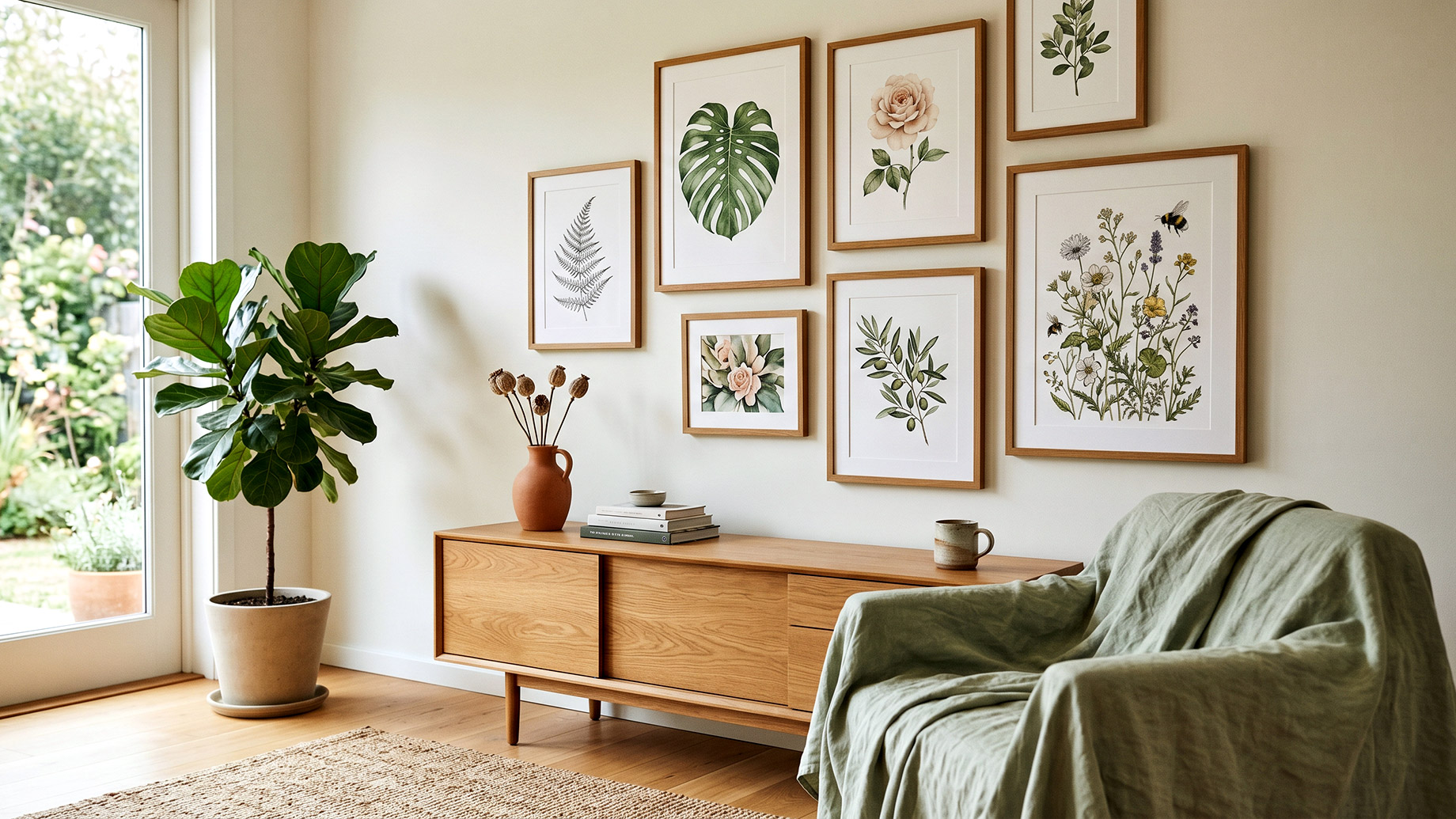 A sunlit, modern living room featuring a gallery wall of varied botanical art prints in natural wood frames hung above a mid-century wooden credenza. A large potted indoor plant stands next to a bright window on the left, and a comfortable armchair draped in a sage green textured throw sits in the foreground on the right.