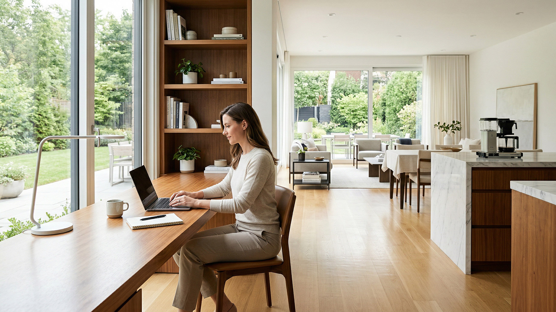 A woman with long brown hair, wearing a white sweater and grey trousers, sits at a built-in wooden desk with a laptop, looking out a large window onto a lush green garden in a modern, open-plan home office.