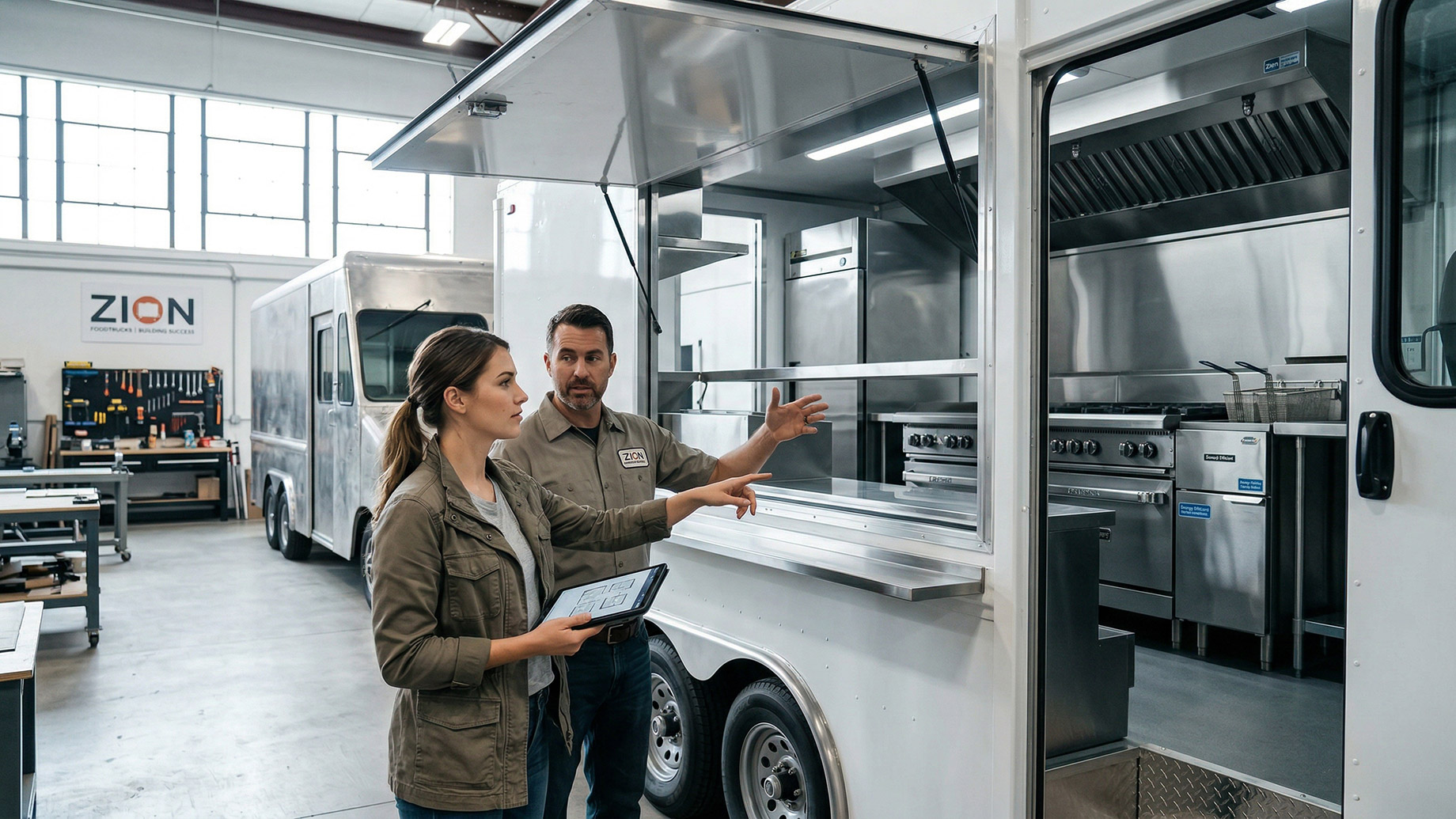 In a custom vehicle workshop, a male fabricator explains the commercial kitchen layout to a female client next to the open service window of a new white food truck.