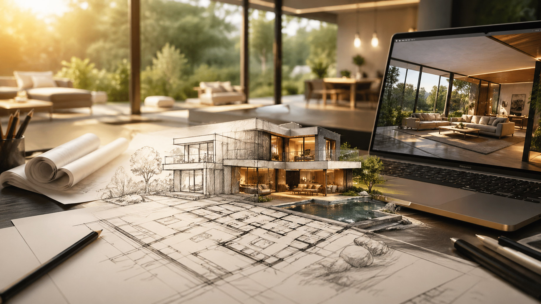 Architectural sketch and floor plan transforming into a realistic 3D model of a modern luxury home beside a laptop displaying a rendered interior.