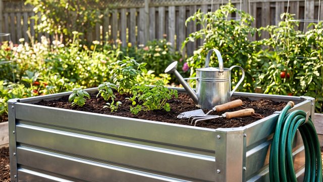 A rectangular galvanized steel raised garden bed filled with dark soil and young green herb plants. A metal watering can and two wooden-handled gardening tools rest on the soil. A coiled green garden hose hangs on the side of the planter, set against a sunny background of lush garden plants and a wooden fence.