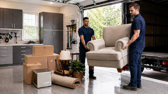 Two junk removal workers carry a large armchair in a garage beside stacked boxes, a rolled rug, and household items near an open truck.