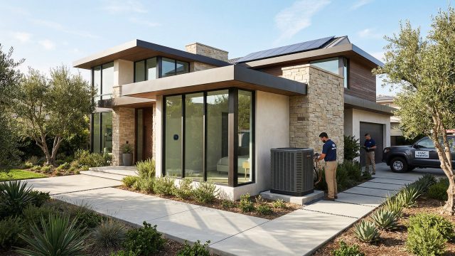 An HVAC technician in a blue work shirt inspects a central air conditioning unit outside a modern luxury home. The home features textured stone cladding and expansive glass windows under a blue sky.