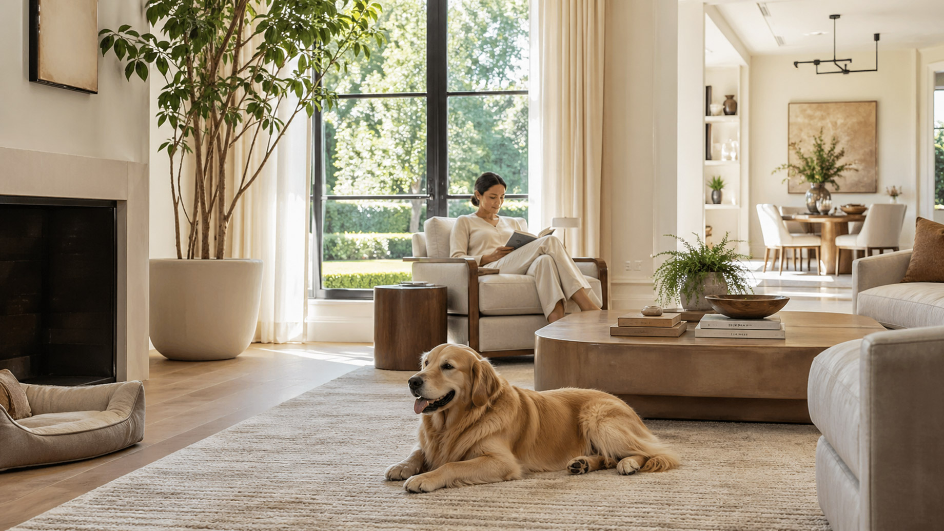 Calm golden retriever resting on a soft rug in a bright luxury living room with natural light, indoor plants, and a quiet dog bed nearby.