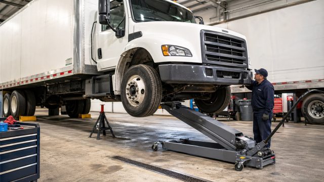 A long-reach hydraulic chassis service jack lifting a white delivery truck inside an industrial maintenance garage.