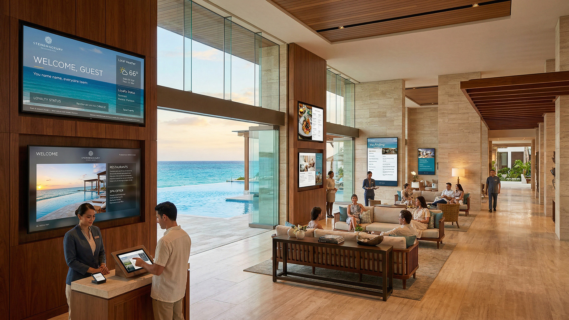 A modern luxury resort lobby at golden hour, featuring a guest using a touchscreen at a check-in counter, flanked by screens showing personalized welcome messages, loyalty details, and resort information. To the right, open doors lead to an infinity pool and ocean sunset. Guests are seated in lounge areas with information screens.