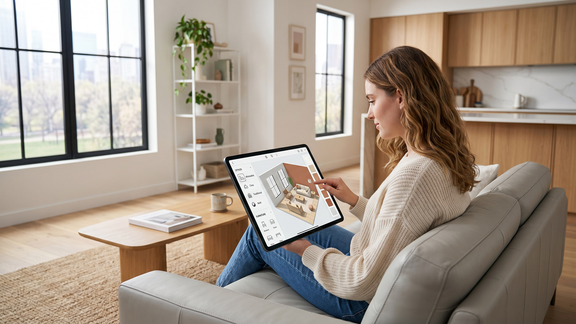 A woman on a sofa using a large tablet to design a 3D home interior.