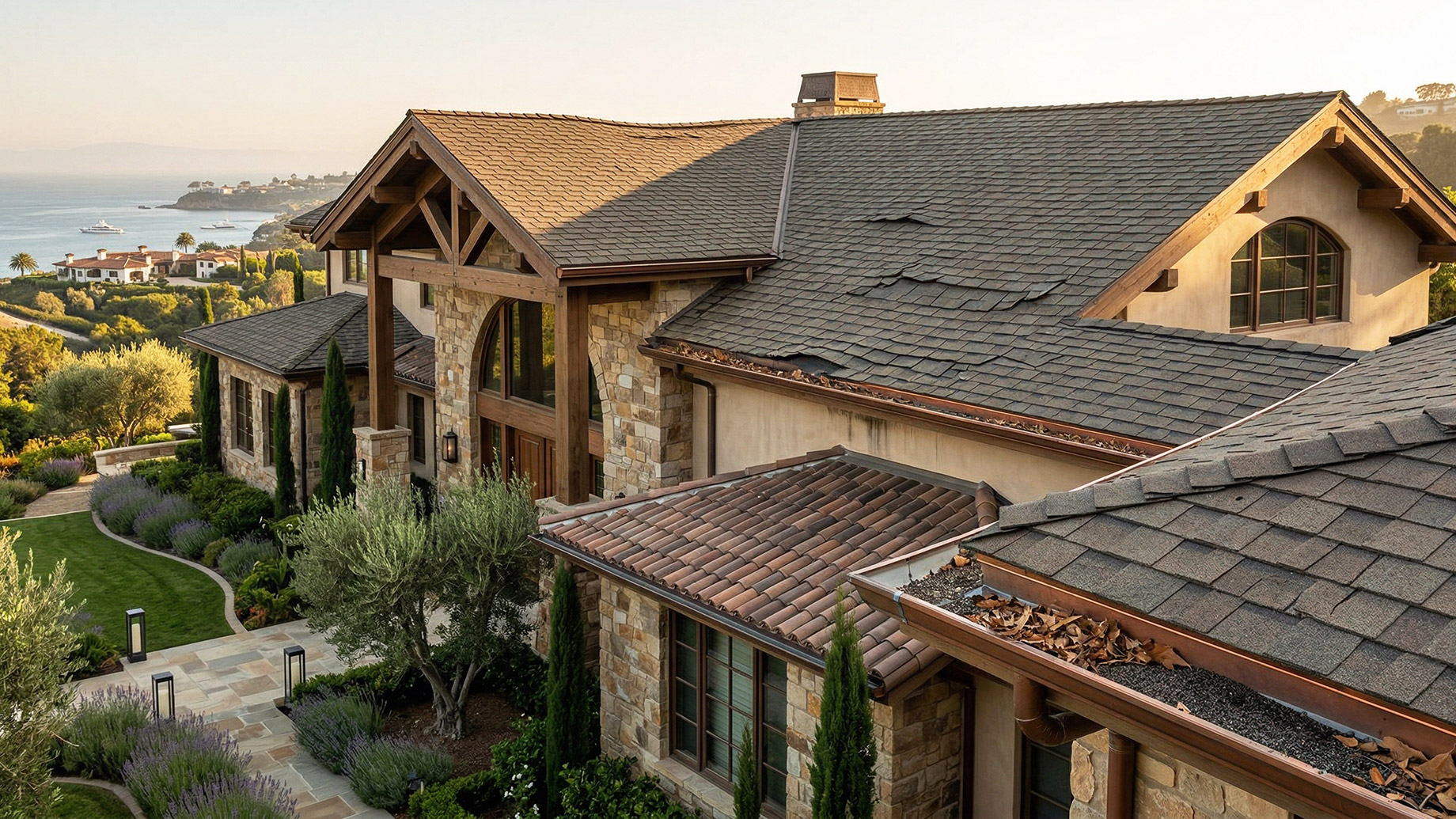 An elevated view of a large stone and stucco luxury house on a coastal hillside. The dark asphalt roof has a visible patch of curling, damaged shingles, and the copper gutters are clogged with accumulated brown leaves.