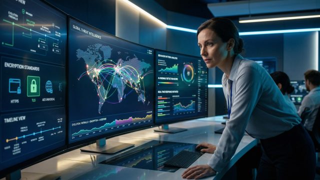 A focused woman in a light-blue button-up shirt stands at a sleek, futuristic desk, looking intently at multiple monitors. The central display shows a glowing world map covered in interconnected lines and points, illustrating large-scale digital data flow. Other screens feature various data visualizations, graphs, and system dashboards. She has a pensive, concentrated expression, her hand near a keyboard. The command center has a cool-toned, blue-lit atmosphere, with other analysts working in the background.