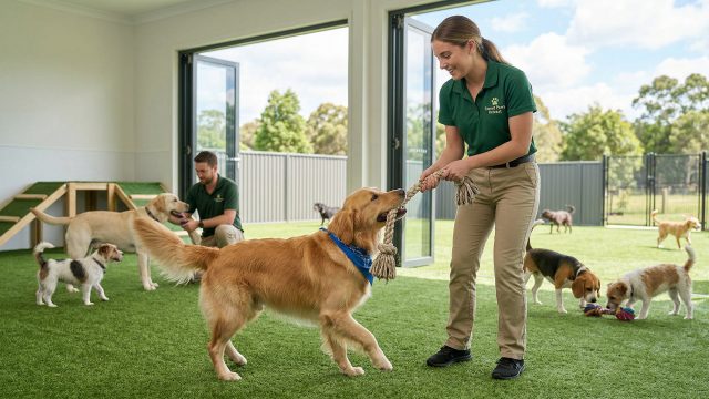 A staff member in a green branded polo and khaki pants smiles and plays tug-of-war with a golden retriever wearing a blue bandana, using a rope toy. They are on a green turf floor inside a large, bright facility. Open glass doors reveal a fenced-in grass yard with trees and other dogs running. A male staff member in the background holds another dog.