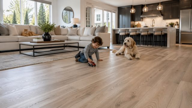 A child plays on wide plank flooring beside a dog in a bright luxury living room and kitchen, with a cat resting on the sofa.