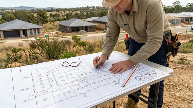 A construction professional wearing a hard hat and tool belt stands at a folding table outdoors, using a pen to point at a large Deposited Plan map showing land subdivisions. A pair of reading glasses and a triangular scale ruler rest on the document. In the background, there is a newly built residential housing development set against rolling hills.