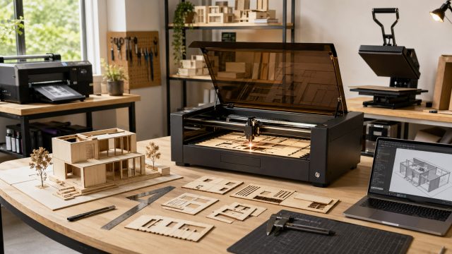 Desktop laser cutter engraving wooden architectural model pieces in a bright design studio with a model building, CAD laptop, tools, printer, and heat press nearby