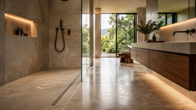 Luxury bathroom with a curbless walk-in shower, large stone tiles, and a slim linear drain along the shower floor.