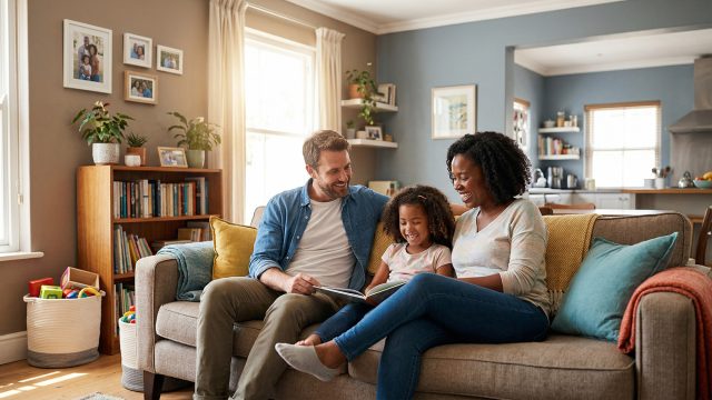 A happy family of three—a father, mother, and young daughter—sitting on a comfortable couch in a bright, warmly decorated living room, smiling together as they read a book.