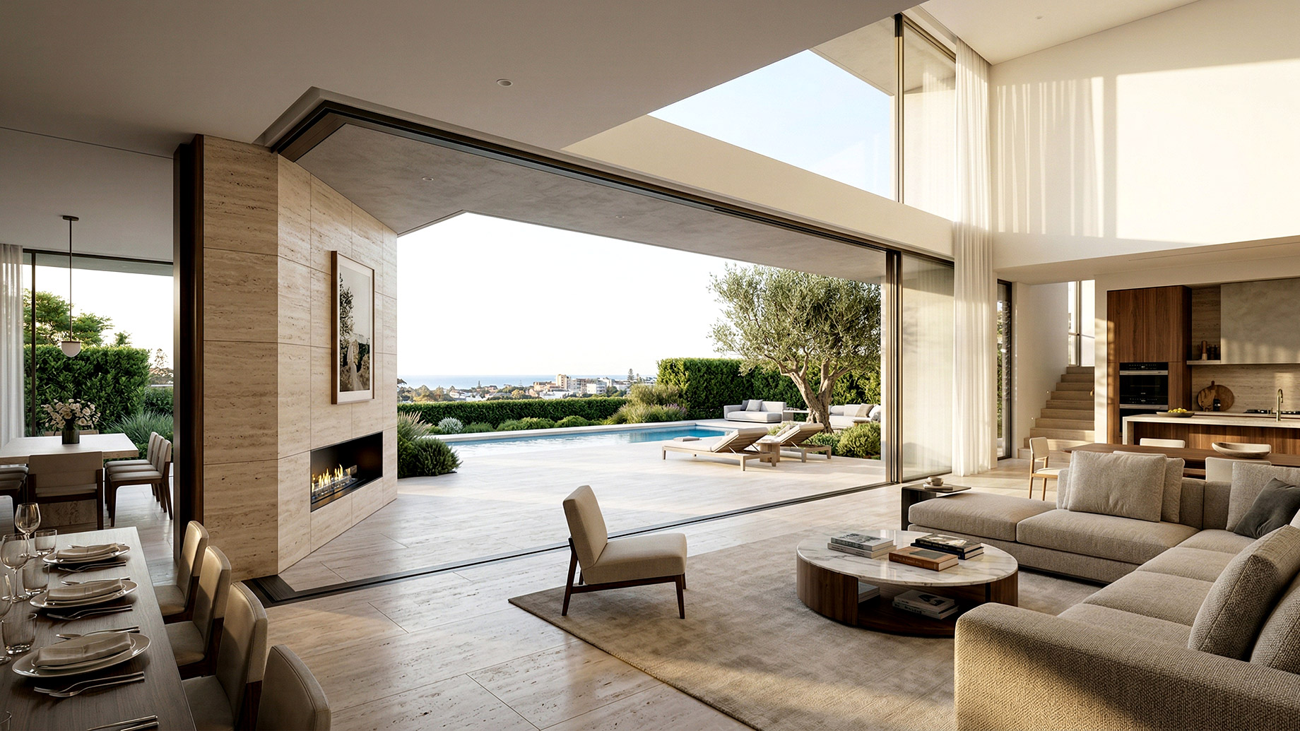 A vast, modern open-plan living and dining area in a luxury villa, where fully retracted floor-to-ceiling glass doors create a seamless connection to an expansive stone pool deck and a distant, sprawling coastal city skyline under a clear, sunny sky.