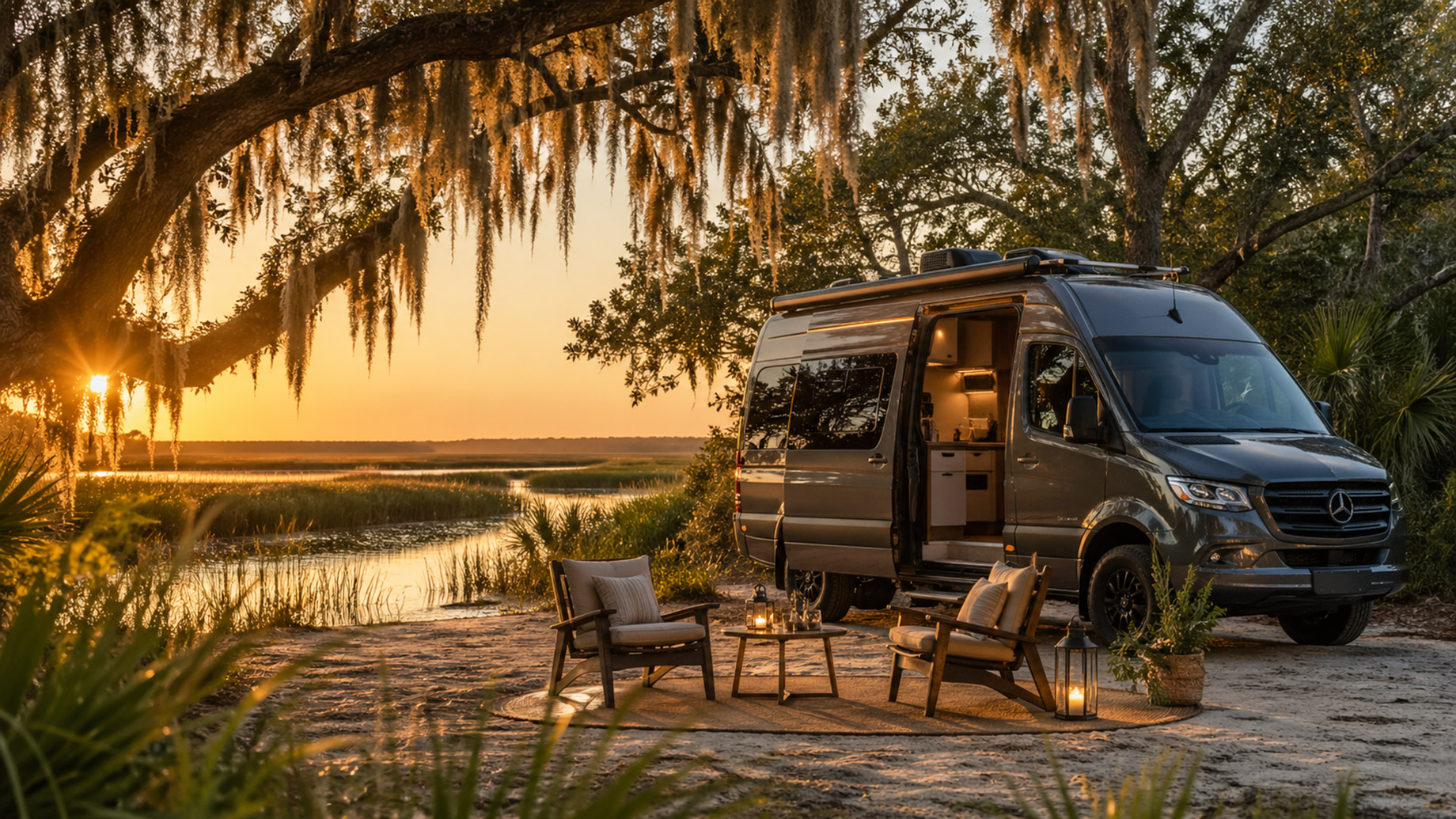 Luxury camper van parked beside a peaceful Charleston marsh at sunset with Spanish moss, outdoor chairs, lanterns, and an upscale off-grid campsite.