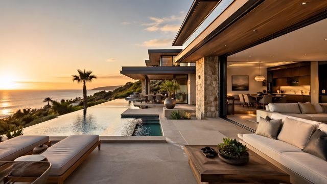 Modern luxury coastal home with an infinity pool, outdoor lounge, open-plan living area, and ocean views at sunset.