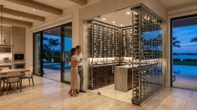 A modern glass-enclosed wine cellar filled with hundreds of bottles, with warm internal lighting. A well-dressed couple stands outside, looking inside the cellar. The man holds a glass of red wine. Behind them, large open sliding doors reveal a patio, swimming pool, and a lake at dusk. The room has light tiled floors and wooden ceiling beams.