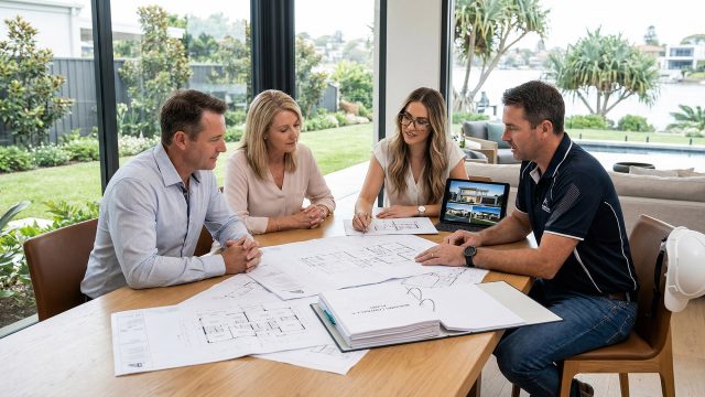 Four individuals sitting around a light wooden table reviewing large architectural blueprints and a tablet displaying exterior home renderings. The group includes a couple, a female designer, and a male builder wearing a dark polo shirt. A white hard hat rests on the back of a leather chair in the foreground. The room is brightly lit by floor-to-ceiling windows that reveal a lush green garden and waterfront background.