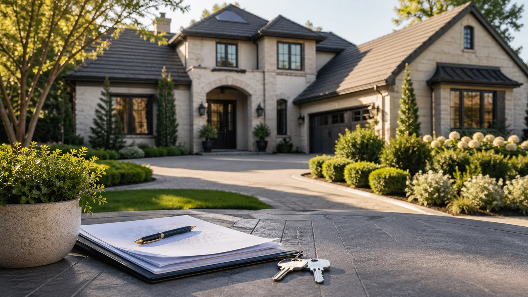 Luxury home exterior with property documents, a pen, and house keys on a table in the foreground.