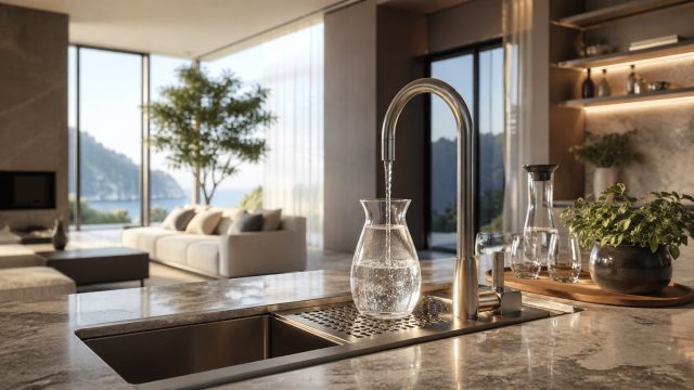 Modern luxury kitchen with a sleek faucet pouring clear water into a glass carafe on a stone countertop.