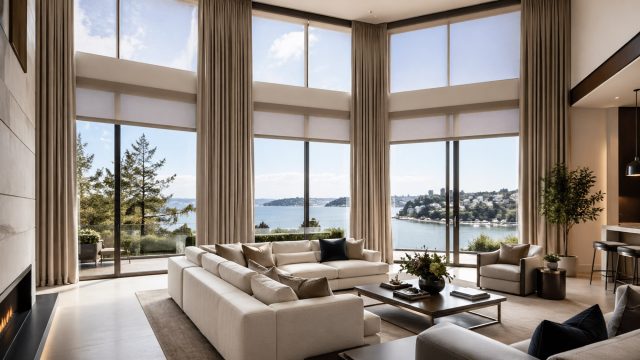 Luxury living room with floor-to-ceiling windows, neutral drapery, roller shades, and scenic waterfront views.