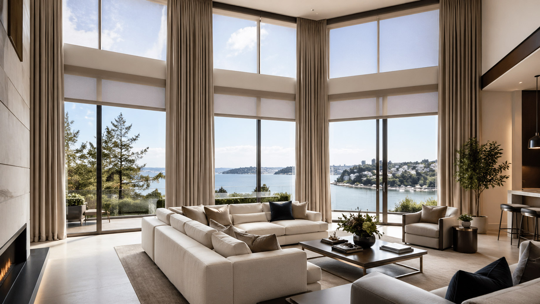 Luxury living room with floor-to-ceiling windows, neutral drapery, roller shades, and scenic waterfront views.