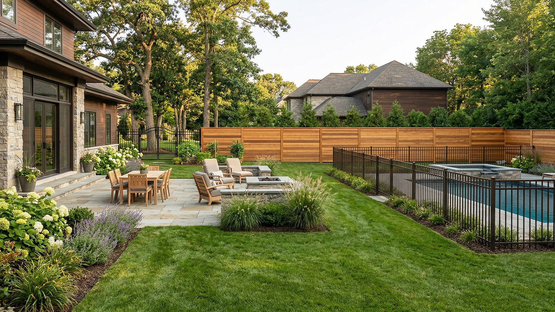 Wide view of a landscaped luxury backyard with a patio, dining area, fire pit, swimming pool, and privacy fences.