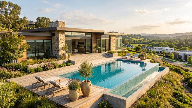 A breathtaking exterior view of a modern luxury home at golden hour, featuring wood and stone architecture, a large wooden deck surrounding a rectangular infinity-edge swimming pool, and comfortable lounge chairs. The home is situated on a hillside overlooking rolling green valleys and a residential neighborhood under a warm sunset sky.
