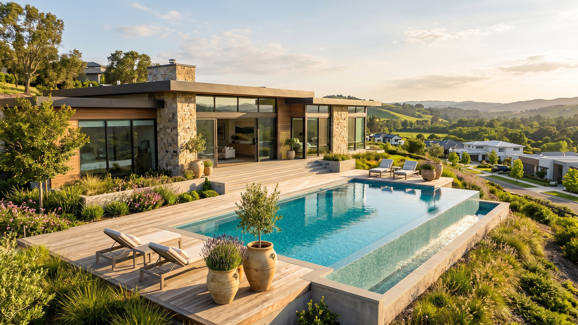 A breathtaking exterior view of a modern luxury home at golden hour, featuring wood and stone architecture, a large wooden deck surrounding a rectangular infinity-edge swimming pool, and comfortable lounge chairs. The home is situated on a hillside overlooking rolling green valleys and a residential neighborhood under a warm sunset sky.
