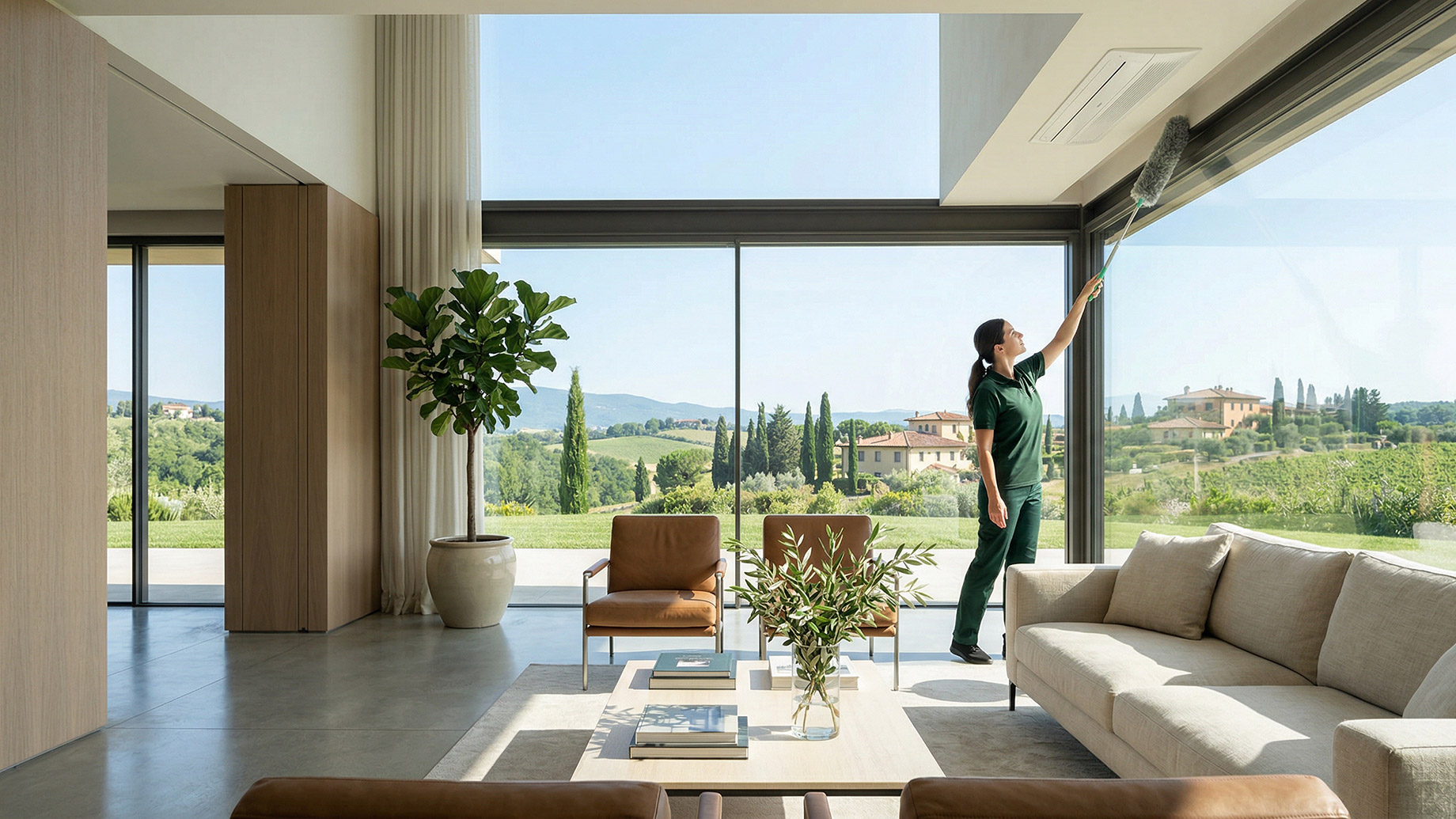 A female cleaner in a dark green uniform uses a long-handled duster to clean the top frame of a massive, floor-to-ceiling glass window wall. Modern minimalist furniture, a large potted plant, and a view of rolling Tuscan hills, vineyards, and traditional buildings are visible.