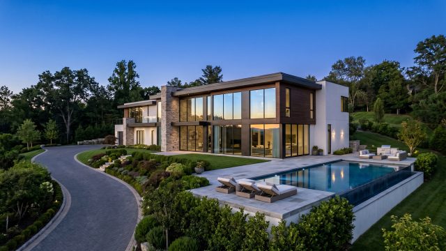 A striking modern luxury estate at dusk, featuring expansive glass windows glowing from within, a pristine infinity pool with lounge chairs, and a sweeping paved driveway surrounded by lush, manicured landscaping.