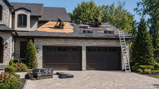 Roofers replacing the roof above a two-car garage at a luxury stone home with shingles, ladder, and roofing materials visible.