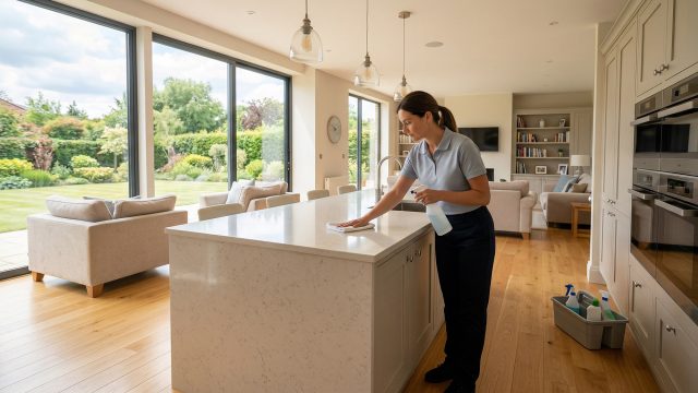 A female professional cleaner in a light blue polo shirt and dark pants wipes a white kitchen island countertop with a cloth and spray bottle. The bright, open-plan luxury home features hardwood floors, light cabinetry, a living area, and large glass sliding doors that open to a lush green garden. A grey cleaning caddy sits on the floor near her feet.